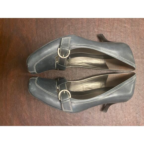 Vintage Y2K Nine West Leather Buckle Kitten Heels Gray Square Toe Pumps 8.5 M - Picture 3 of 9
